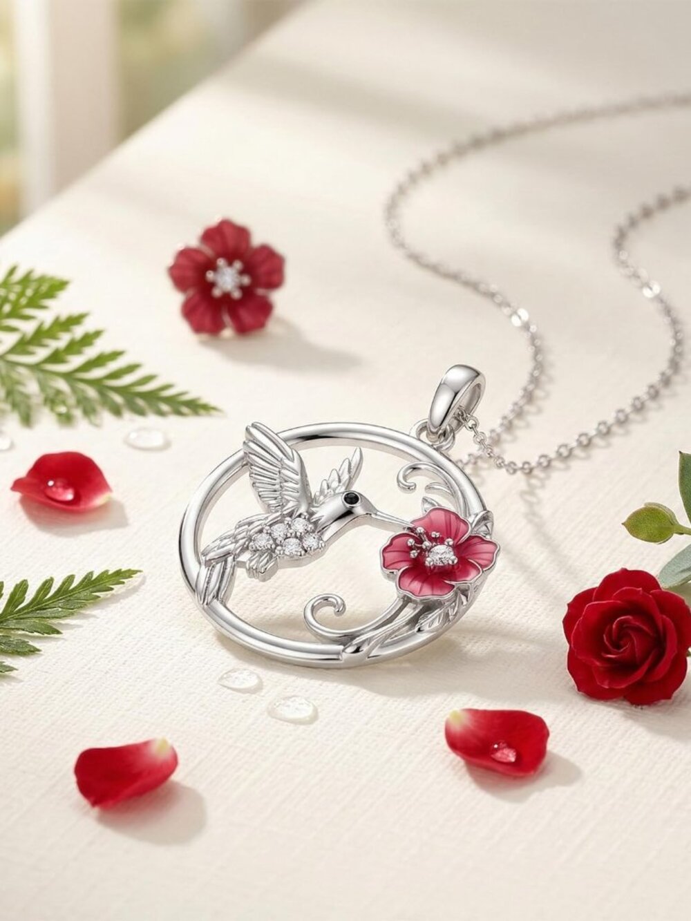 Diamond Hummingbird Necklace for Women, 925 Sterling Silver Red Flower Hummingbi - Picture 5 of 6